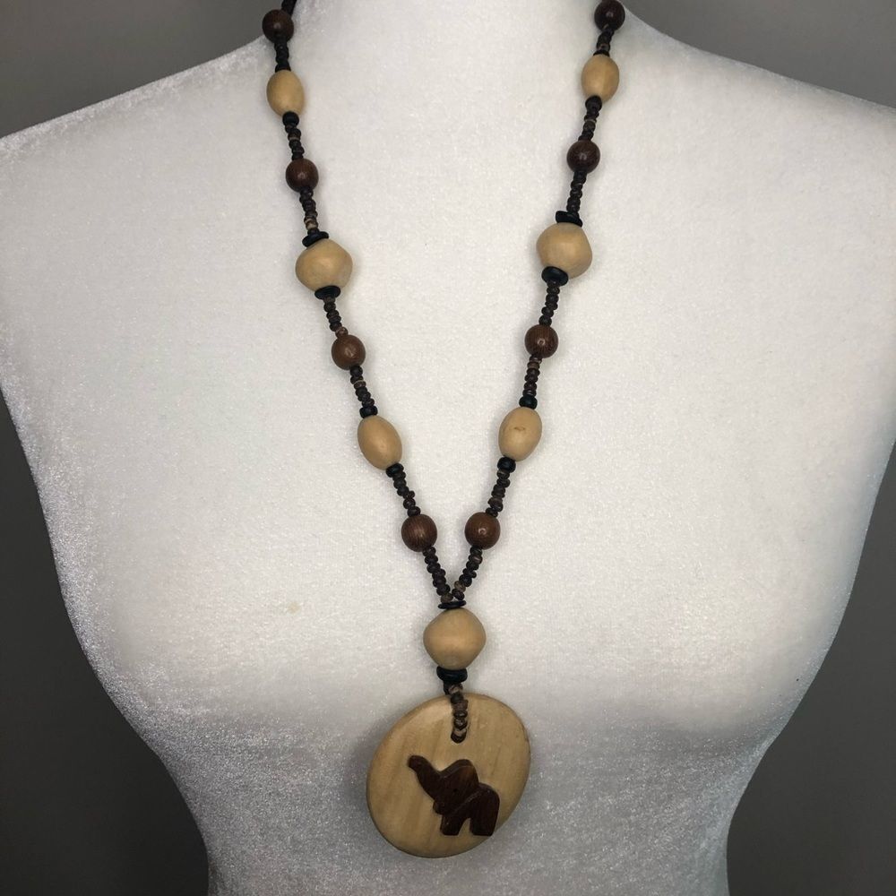 Vintage Wooden Beaded Elephant Trunk Up Necklace